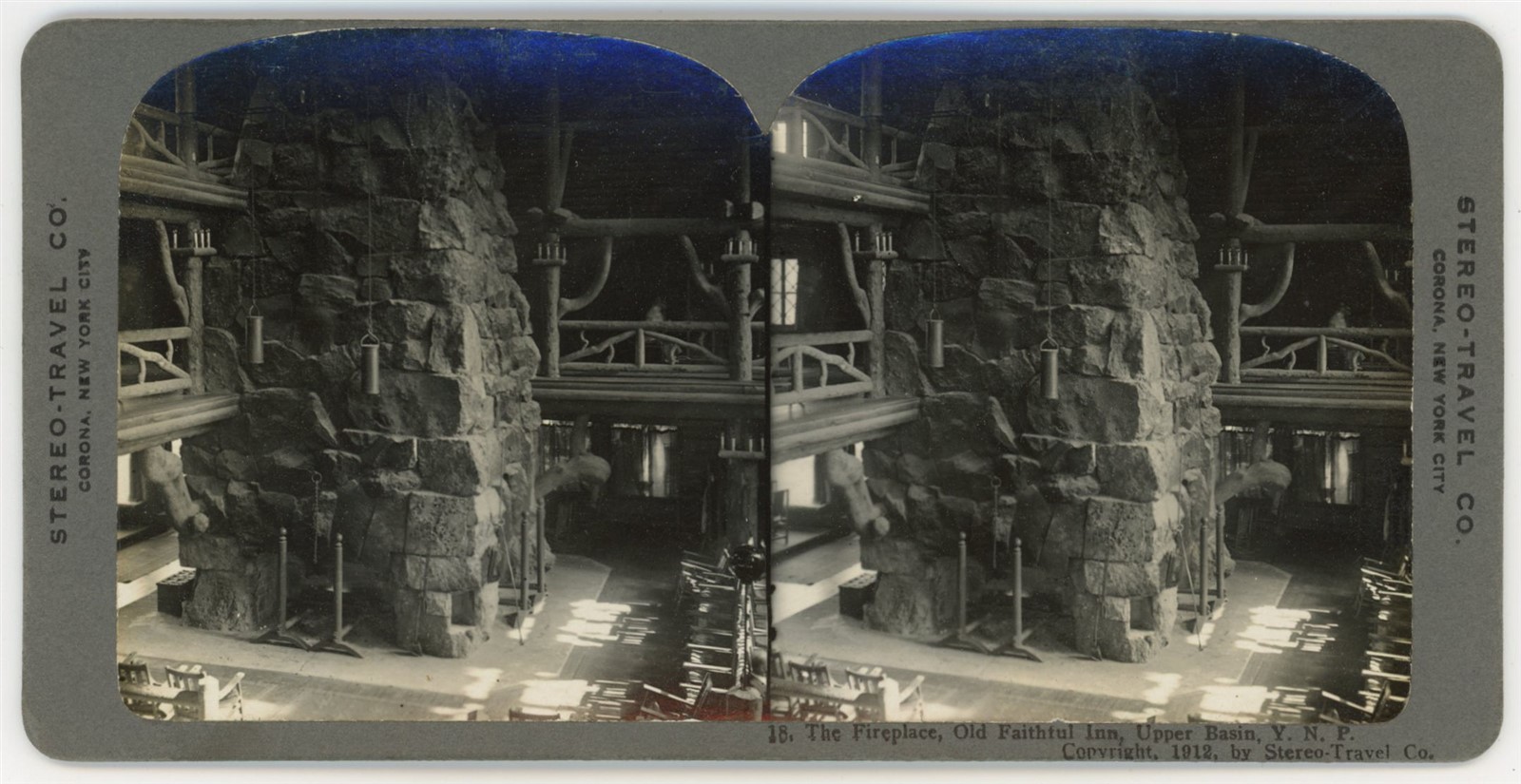 YELLOWSTONE STEREOVIEW - Old Faithful Inn Fireplace - Stereo Travel Co c1912
