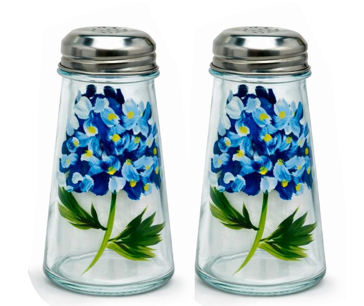 Containly Hand Painted Tapered Blue Hydrangeas Salt and Pepper Shaker Clear