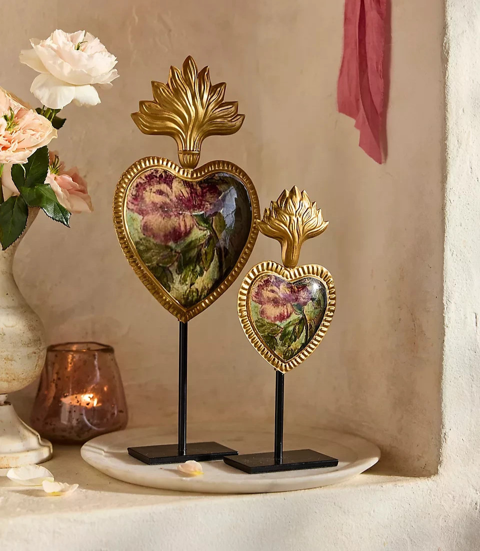 PAIR Enameled Floral Heart Medallion Stand Flaming Heart Metal Anthropologie NEW PAIR Enameled Floral Heart Medallion Stand Flaming Heart Metal Anthropologie NEW