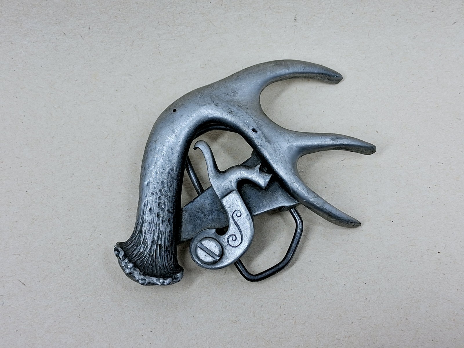 Vintage Sid Bell Alaskan Silversmith Pewter Deer Antler Gun Lock Belt Buckle NY