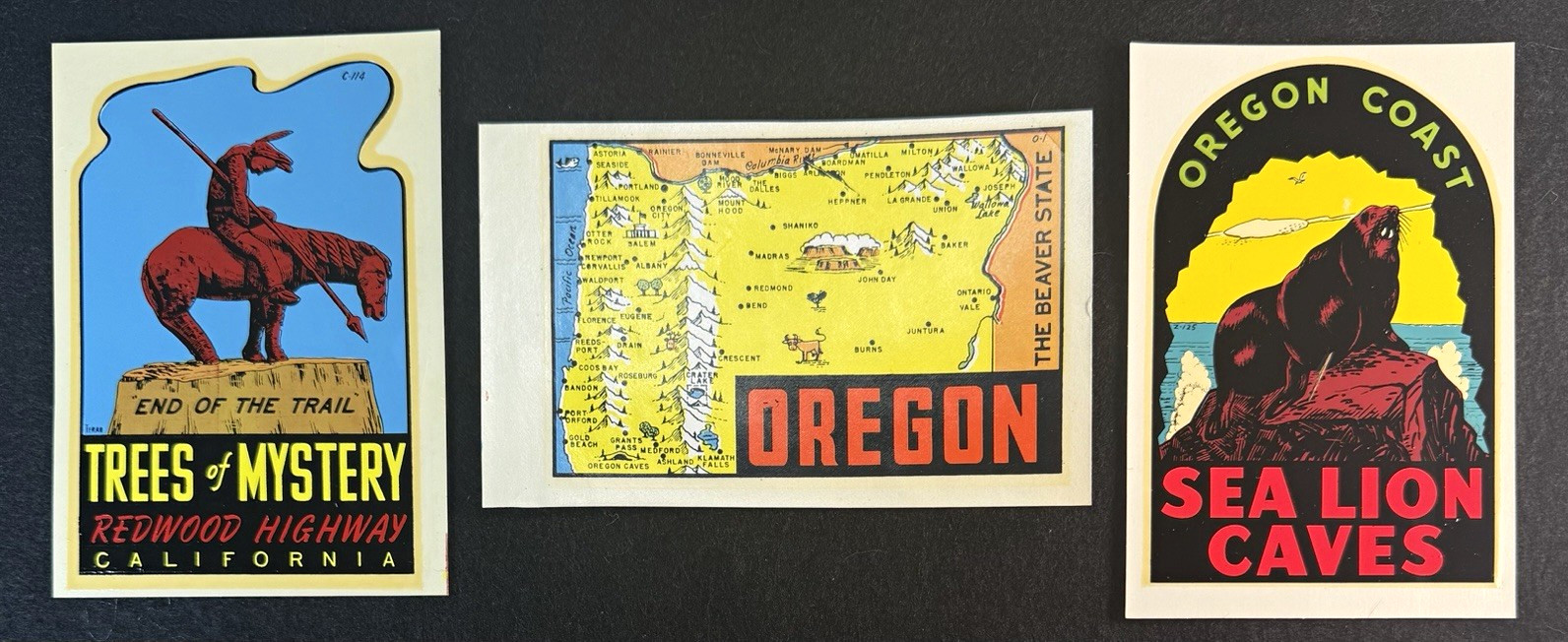 ⁠3 Vintage Travel Decals Lot Oregon State Sea Lion Caves Trees ofMystery Sleeves