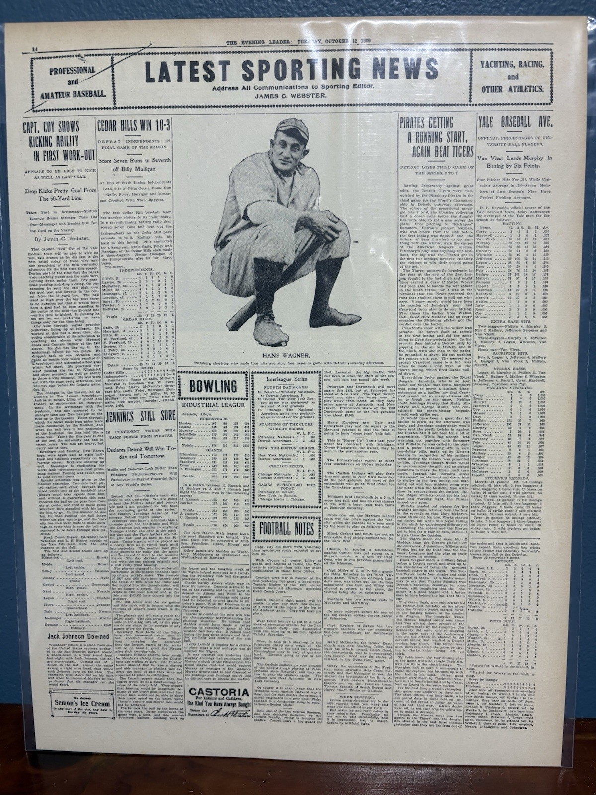VINTAGE NEWSPAPER HEADLINE~ HANS WAGNER 4 HITS 4 STOLEN BASES 1909 PITTSBURGH