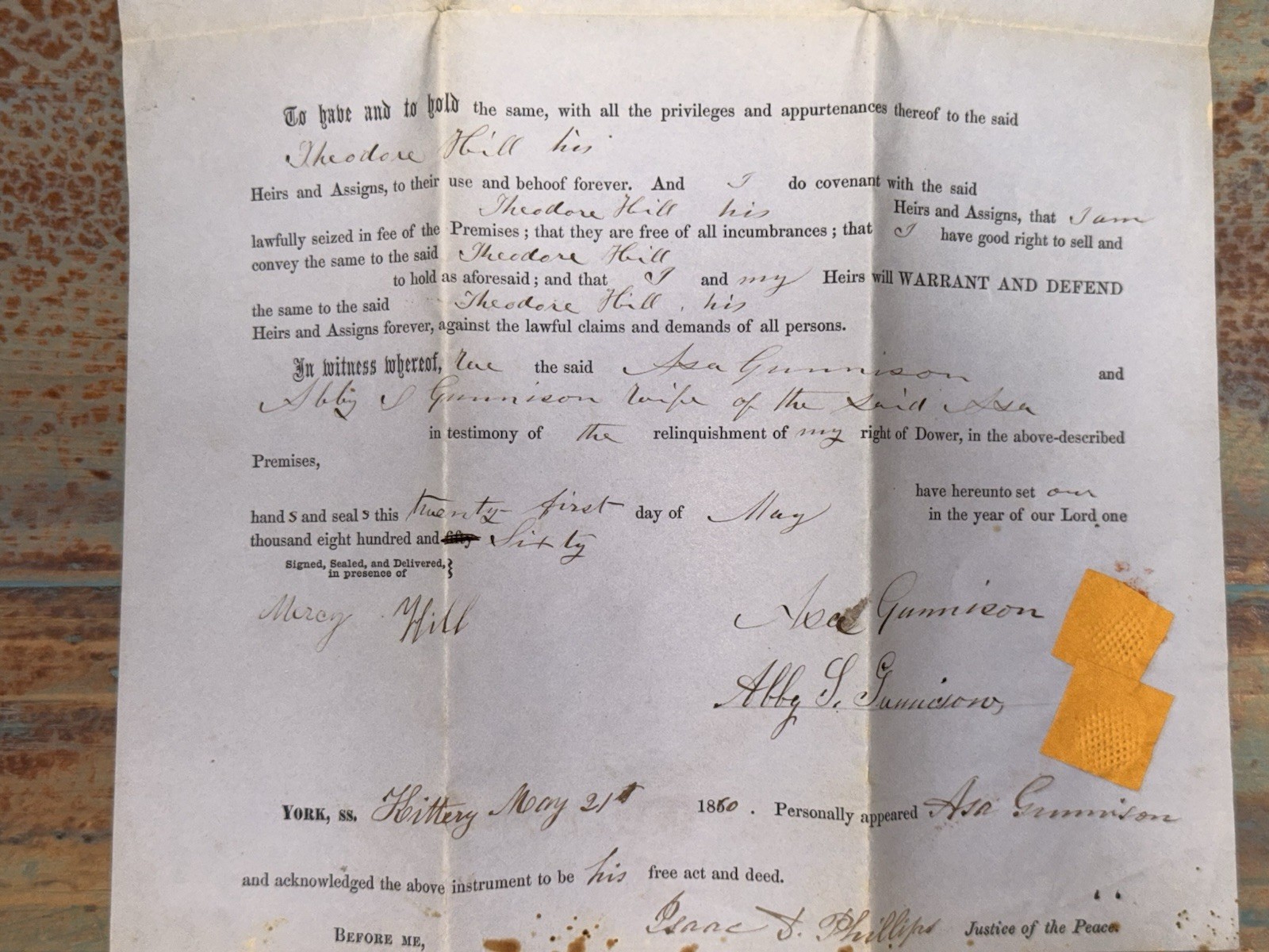 1850 Antique Warranty Deed: Asa Gunnison to Theodore Hill - Kittery Maine Marsh