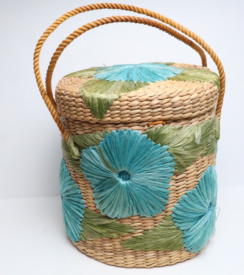 VTG Handmade Straw Raffia Woven Basket with Handle & Lid Floral Boho MCM
