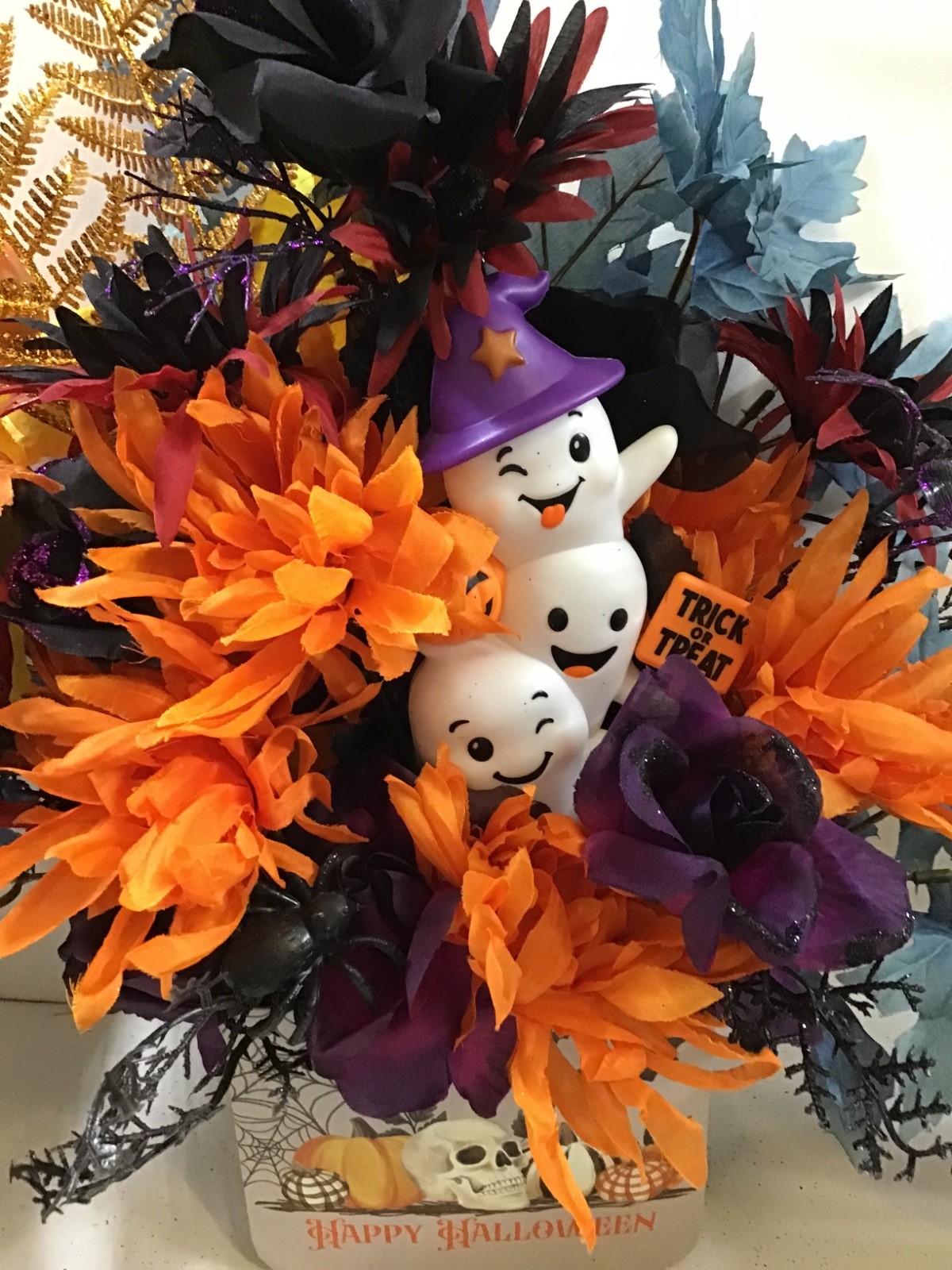 BEAUTIFUL FALL HALLOWEEN CENTERPIECE FLORAL DECOR-PUMPKIN, GHOSTS, SPIDER - NEW