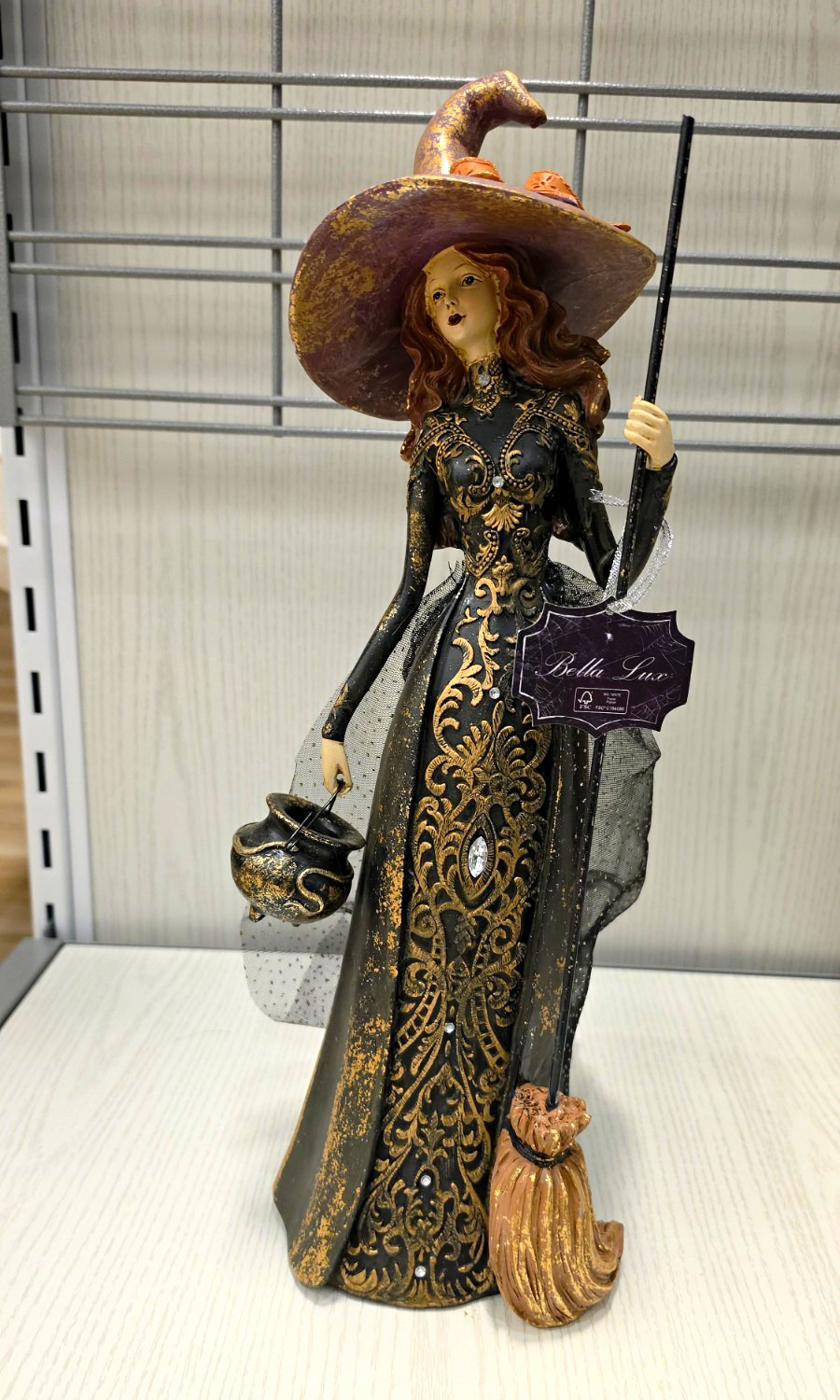Bella Lux Halloween Witch Resin Figurine, Black & Gold Dress w/ Broom, Cauldron Bella Lux Halloween Witch Resin Figurine, Black & Gold Dress w/ Broom, Cauldron