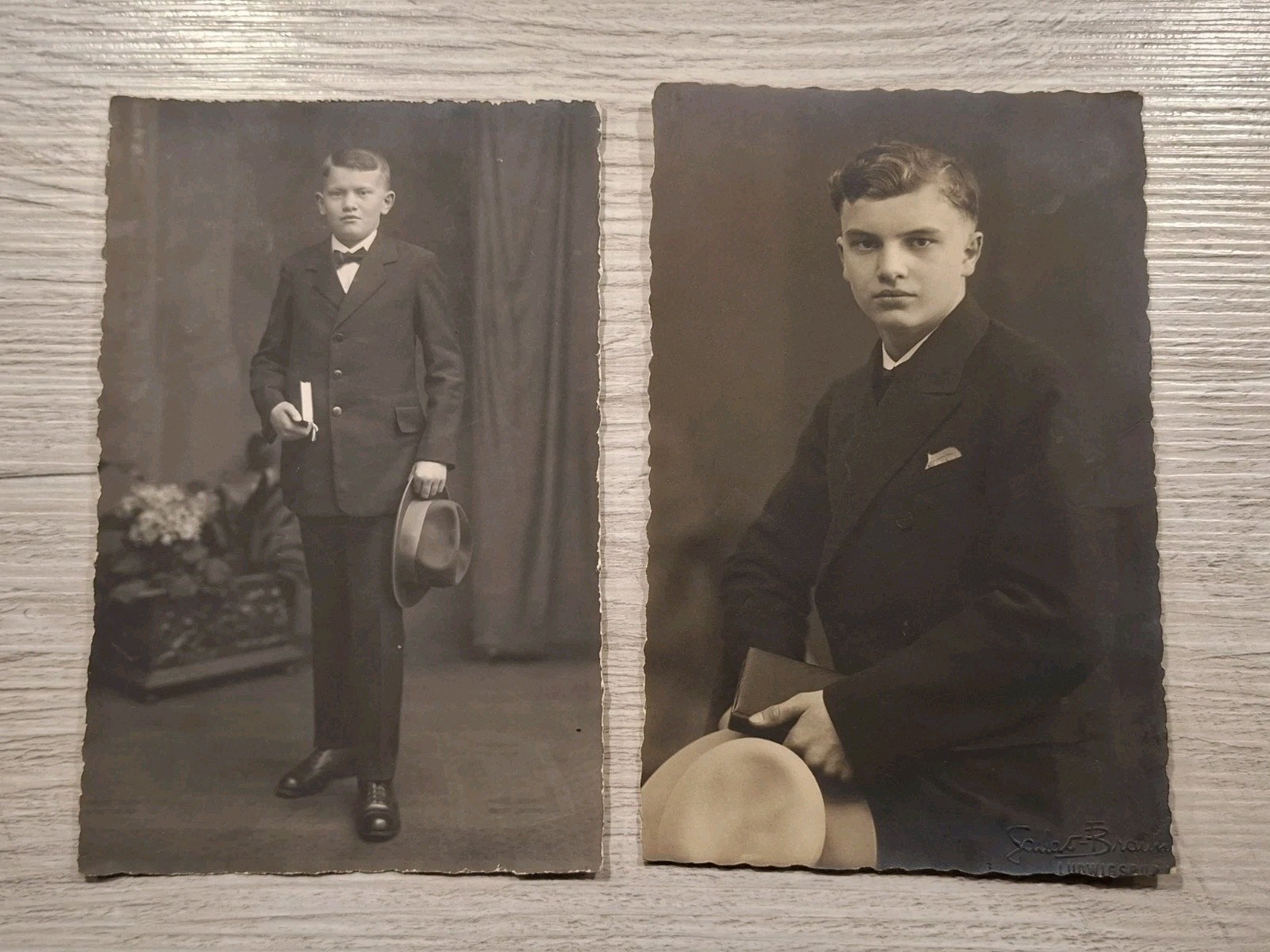 2x Photo Postcard Young Man in Suit, Standing Portrait with Hat 1927(Z)