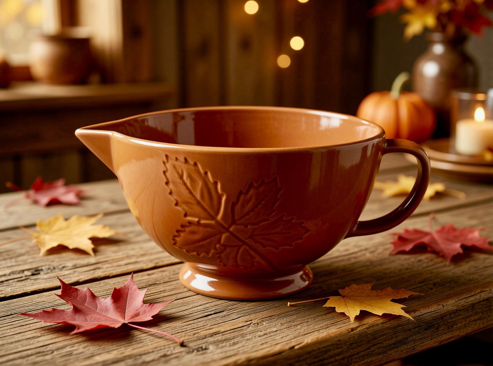 Vintage Mixing Bowl Lillian Vernon Batter Spout Handle Brown Leaves Pattern Vintage Mixing Bowl Lillian Vernon Batter Spout Handle Brown Leaves Pattern