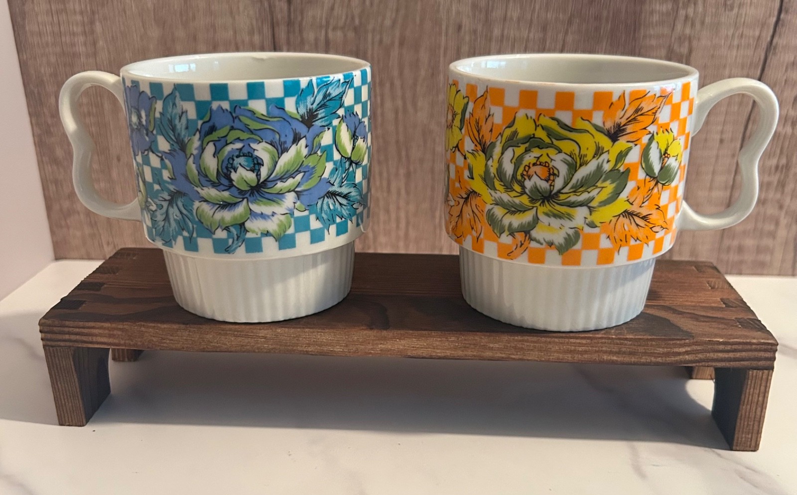 Vtg 1970s Stacking Ceramic Coffee Mugs Pair Teal Orange Checkered Floral Japan Vtg 1970s Stacking Ceramic Coffee Mugs Pair Teal Orange Checkered Floral Japan