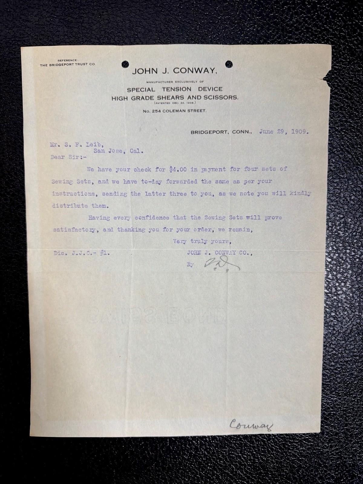 1909 John J Conway Shears Scissors Sewing Sets Letterhead Ephemera