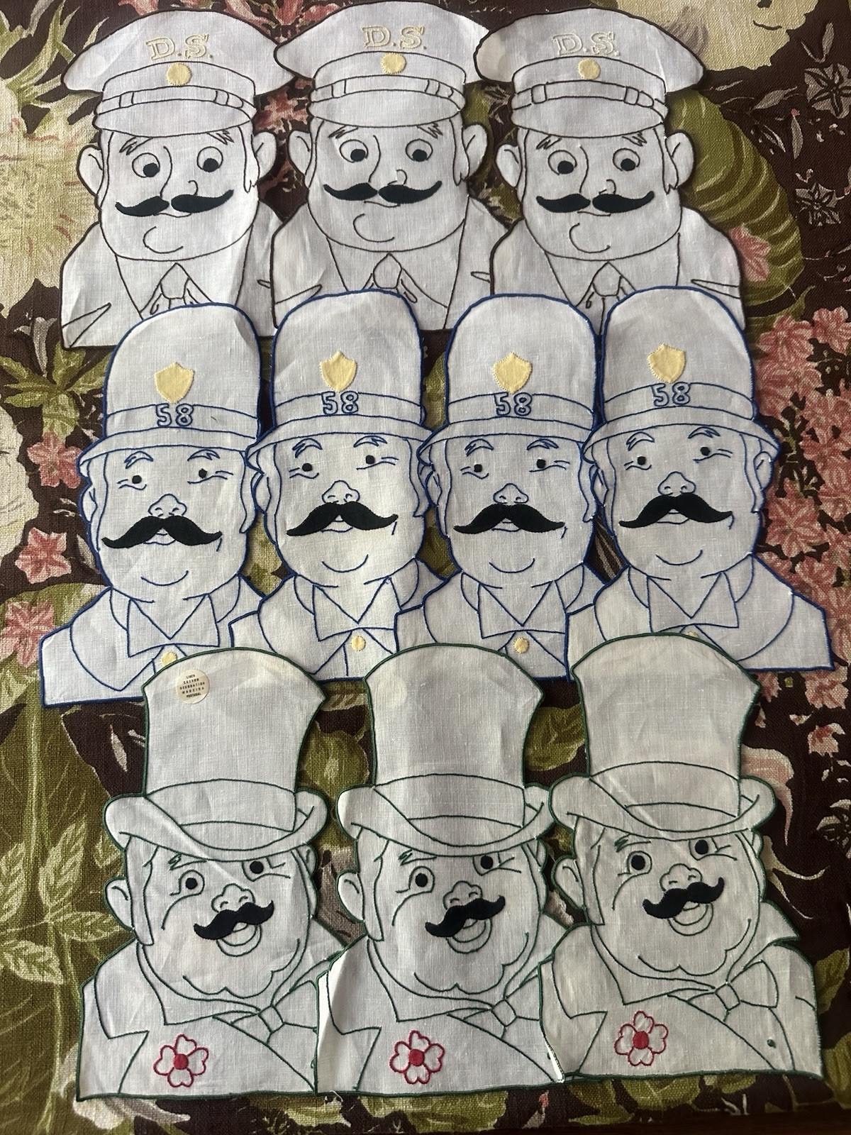 Vintage Cocktail Napkins Madeira Embroidered Set Of 10 Figural Men Workers NOS