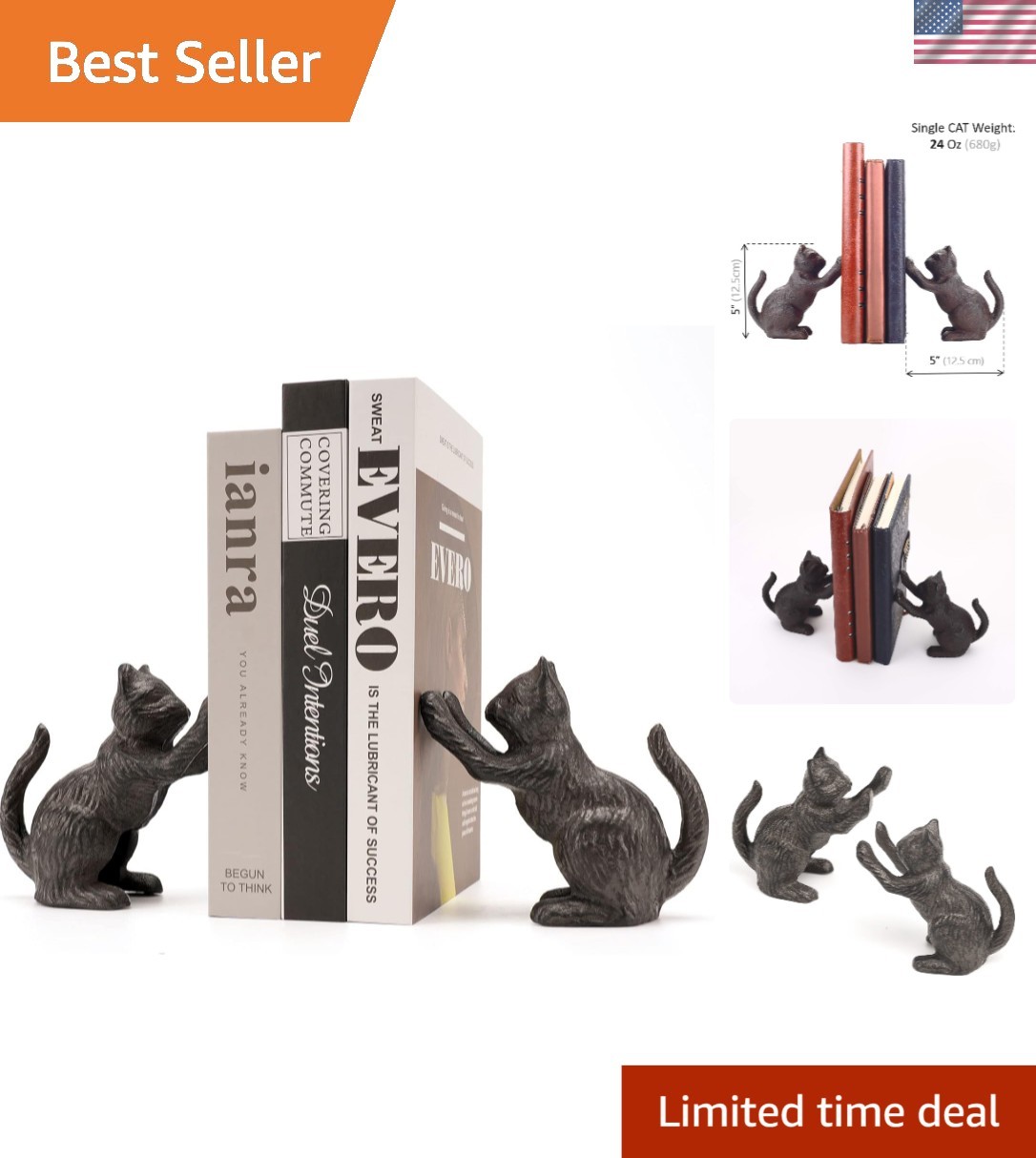 Elegant Cat Decorative Bookends – Heavy-Duty Cast Iron, Antique Black Finish
