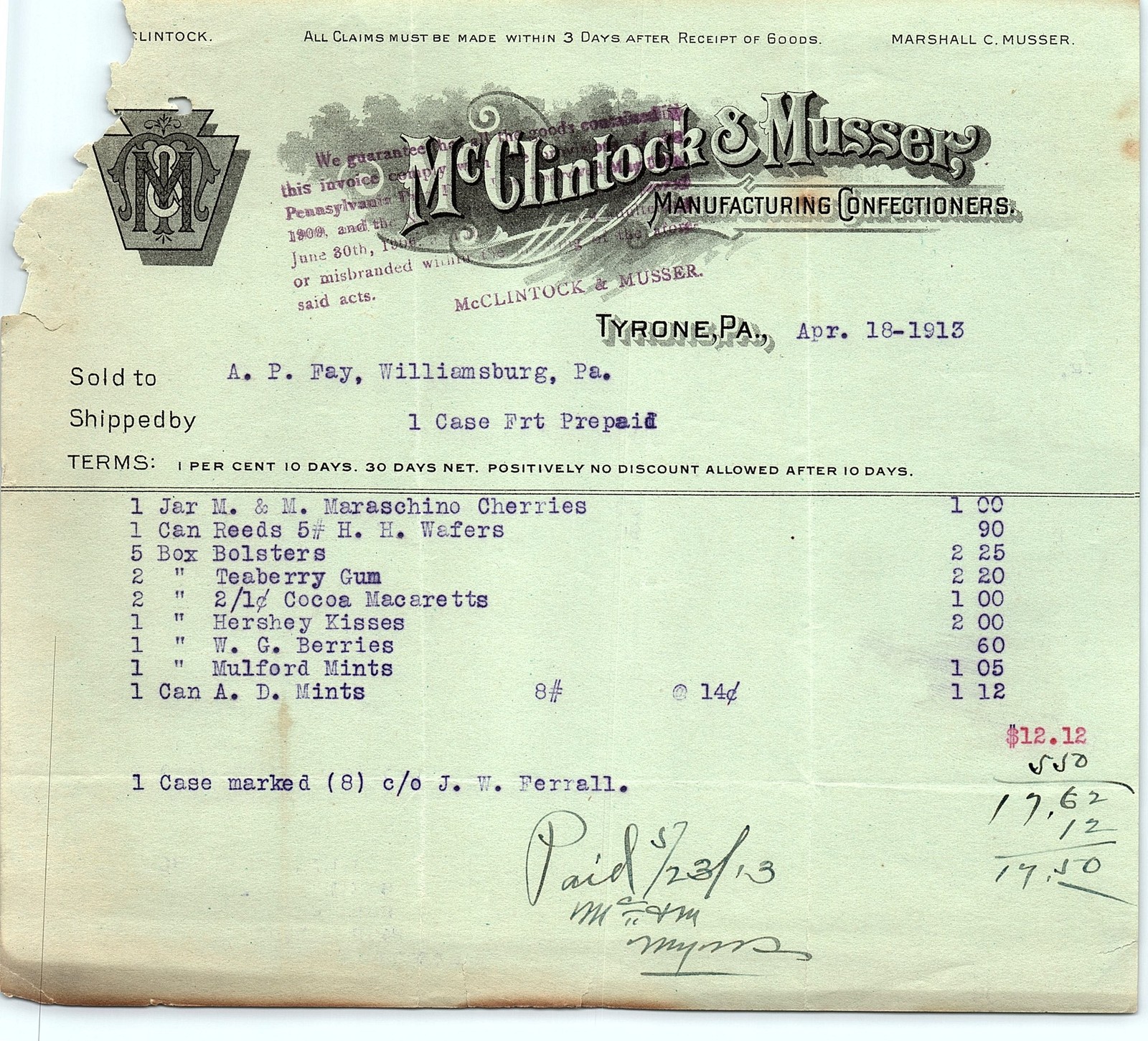 1913 McClintock & Musser Confectionery Billhead, Tyrone PA