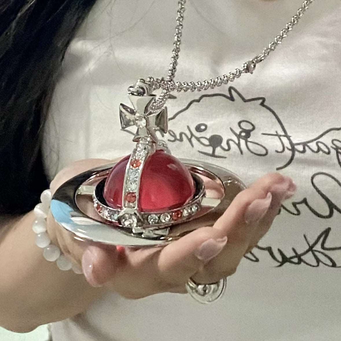 Vintage Vivienne Westwood Crystal Heart Orb Pendant Necklace VW Gift with