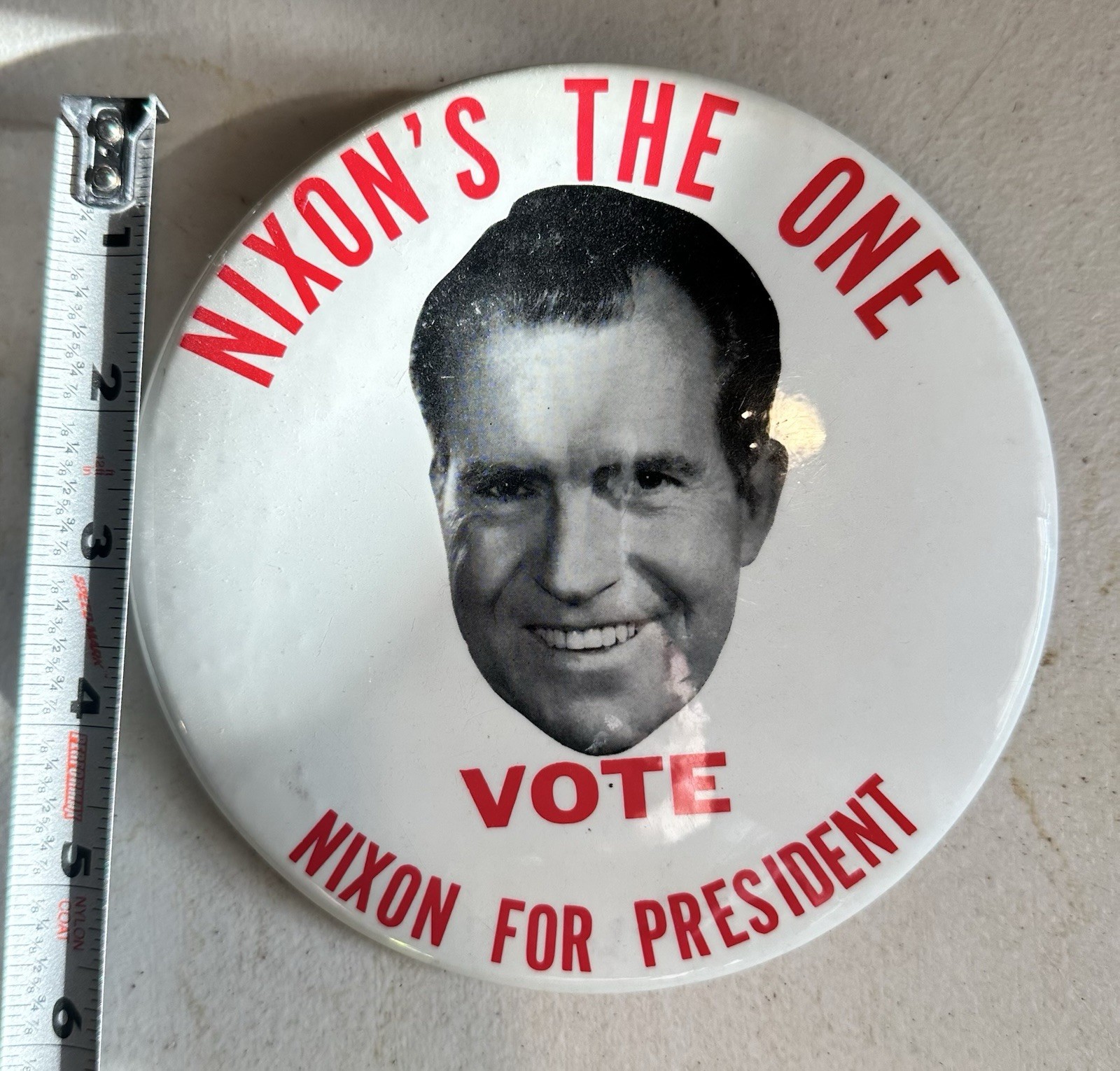 large 1968 presidential campaign display button featuring  \