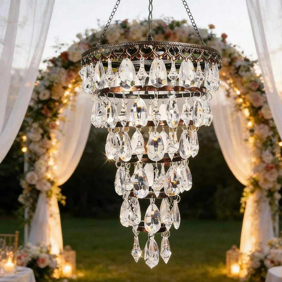 Solar Hanging Chandelier 6-Tier Crystal Outdoor Hanging Lantern With Warm LED