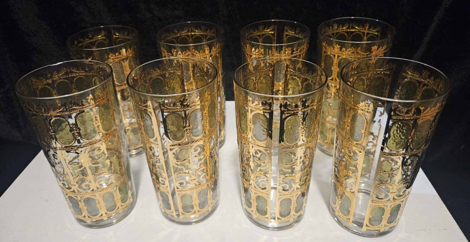 VTG MCM Emerald Scroll High Ball Glasses by Culver - 1950/1960s - Set Of 8