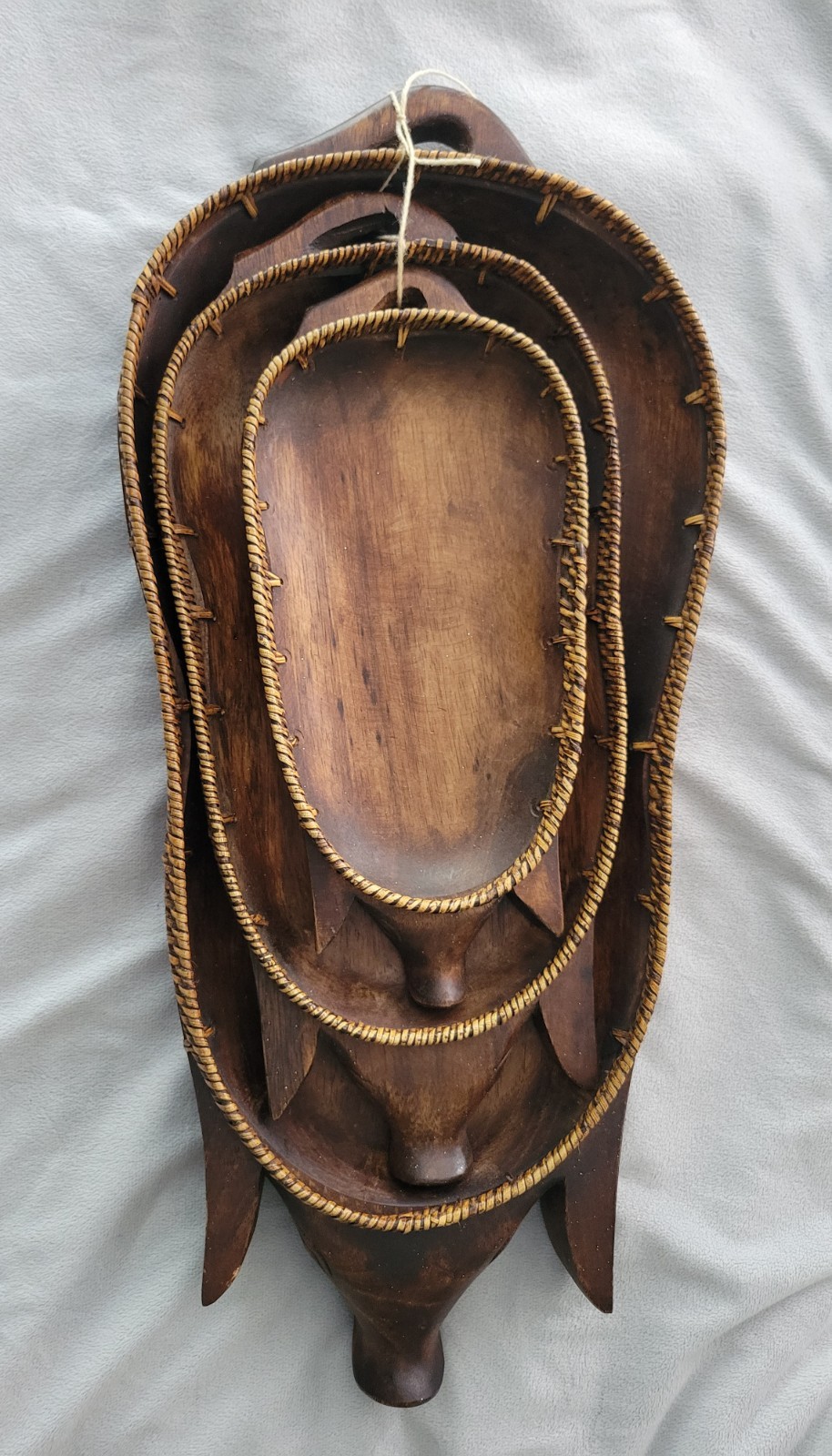 Vintage Set 3 Nesting Carved Wood Pig Basket Serving Trays Fruit Wicker Braided