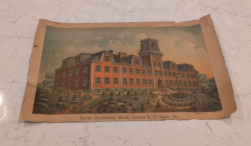ANTIQUE A. GAST & CO ST LOUIS GERMAN PROTESTANT ORPHANAGE HOME COLOR LITHOGRAPH