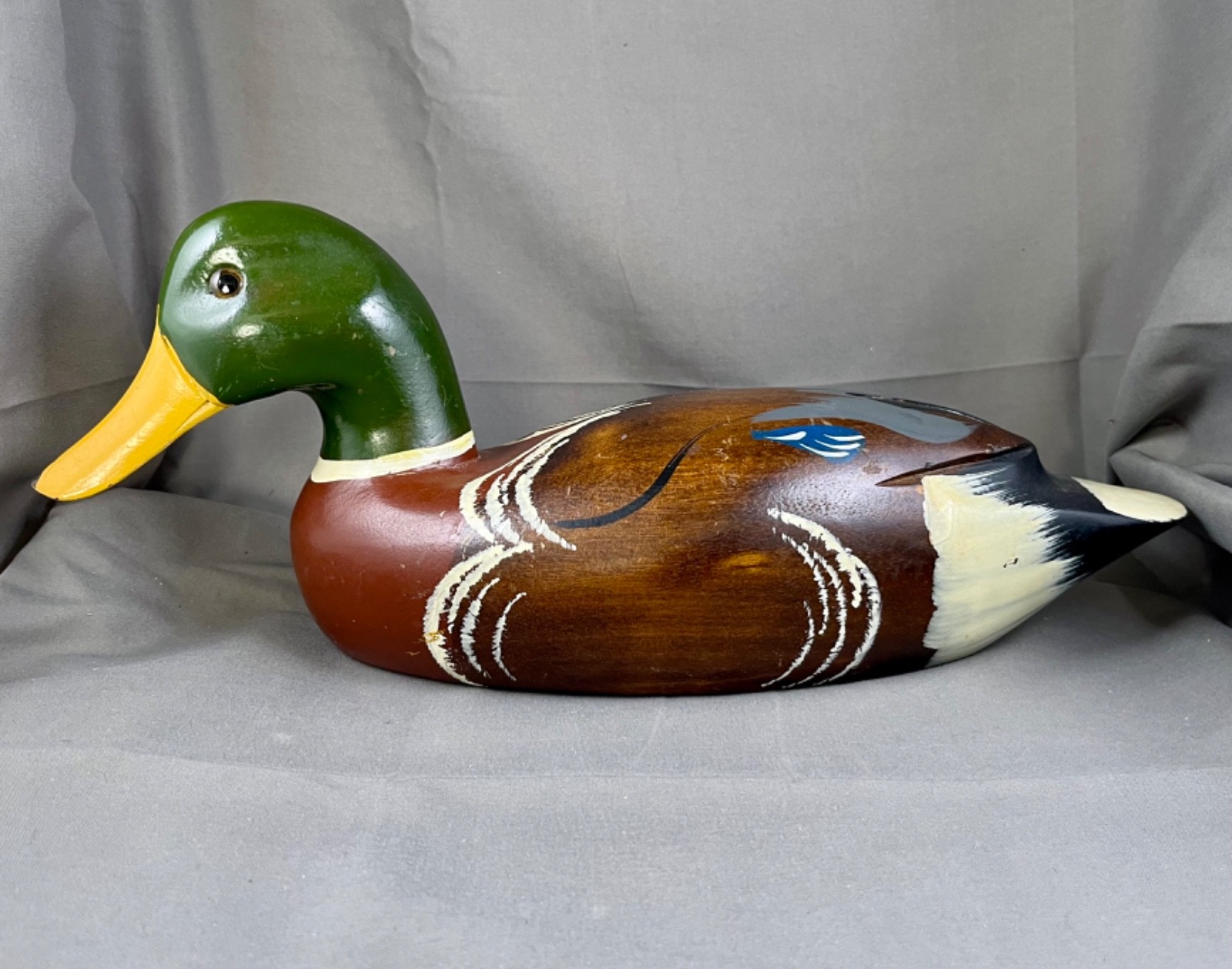 VTG Carved Wood Mallard Duck Decoy Hand Painted 14” Glass Eyes Unsigned Man Cave