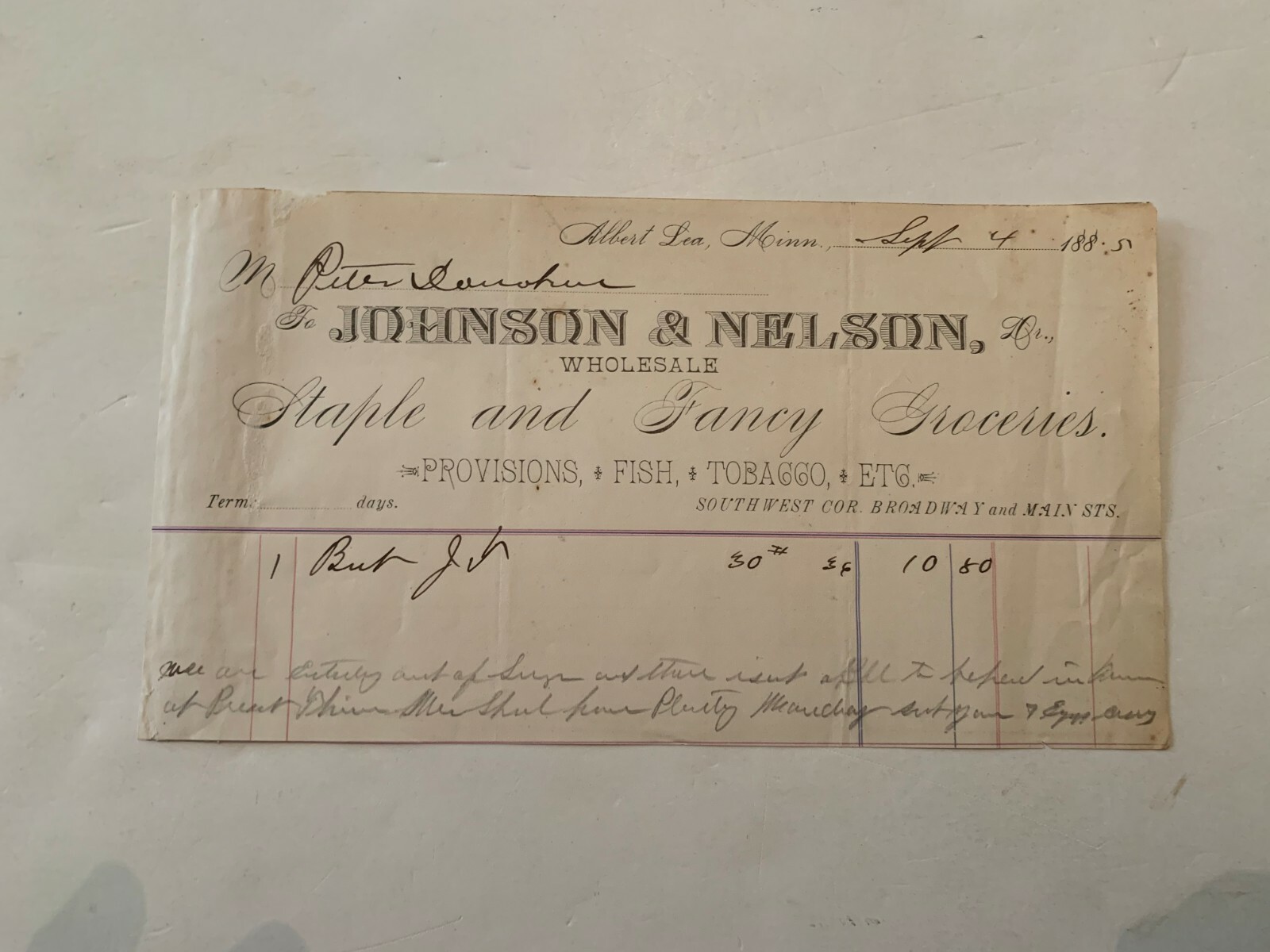 9-4 1885 Johnson & Nelson Staple and Fancy Groceries Letterhead Albert Lea MN
