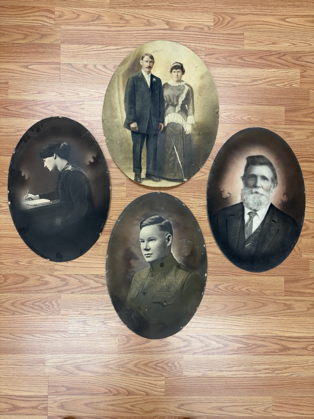 4 Vtg Antique Picture Portraits Large Convex 19x13.5\
