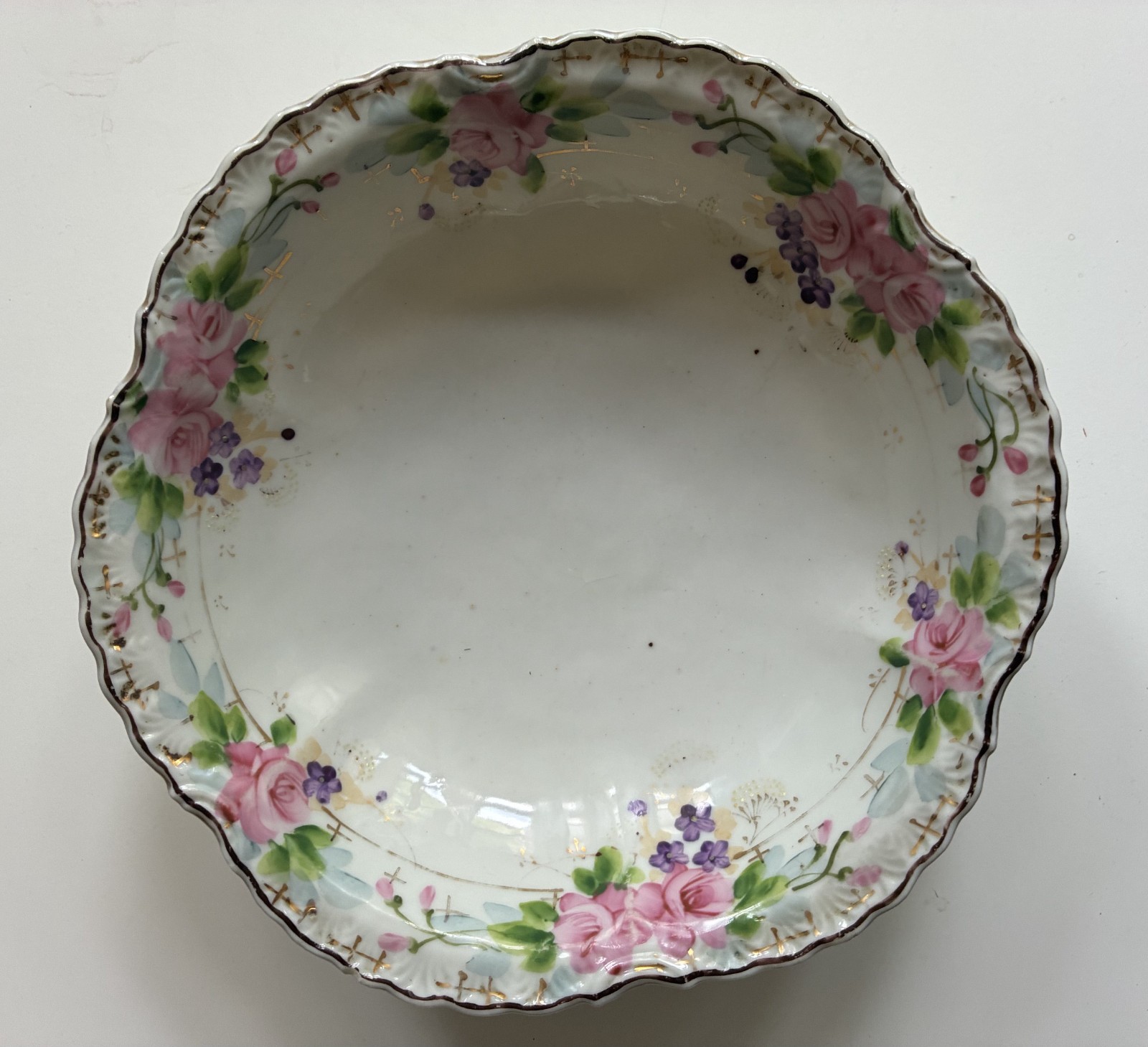 Vintage Handpainted Porcelain Bowl Scalloped Edge Pink Roses Gold Trim Japan