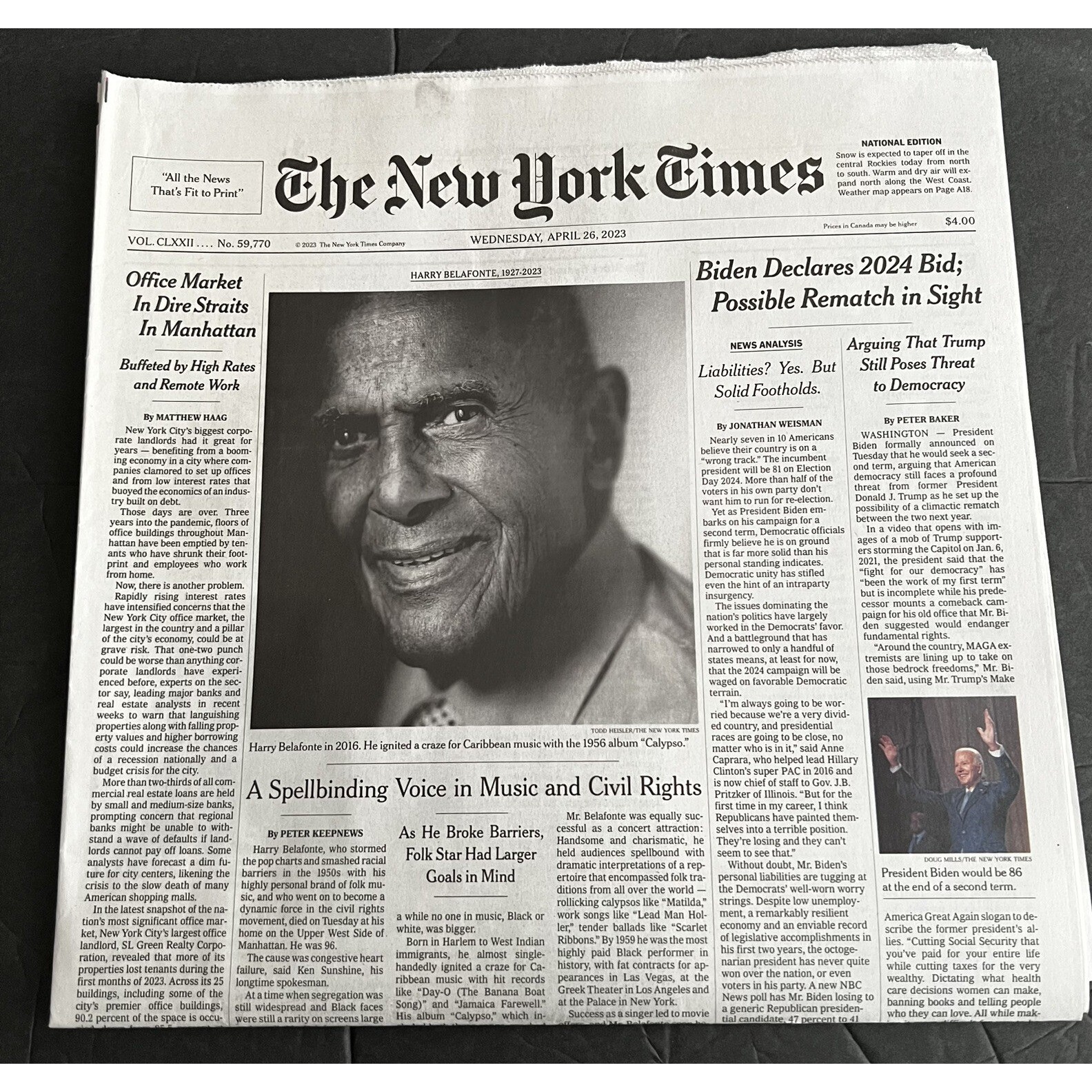 The New York Times Newspaper HARRY BELAFONTE 1927-2023 April 26 2023 Wednesday The New York Times Newspaper HARRY BELAFONTE 1927-2023 April 26 2023 Wednesday