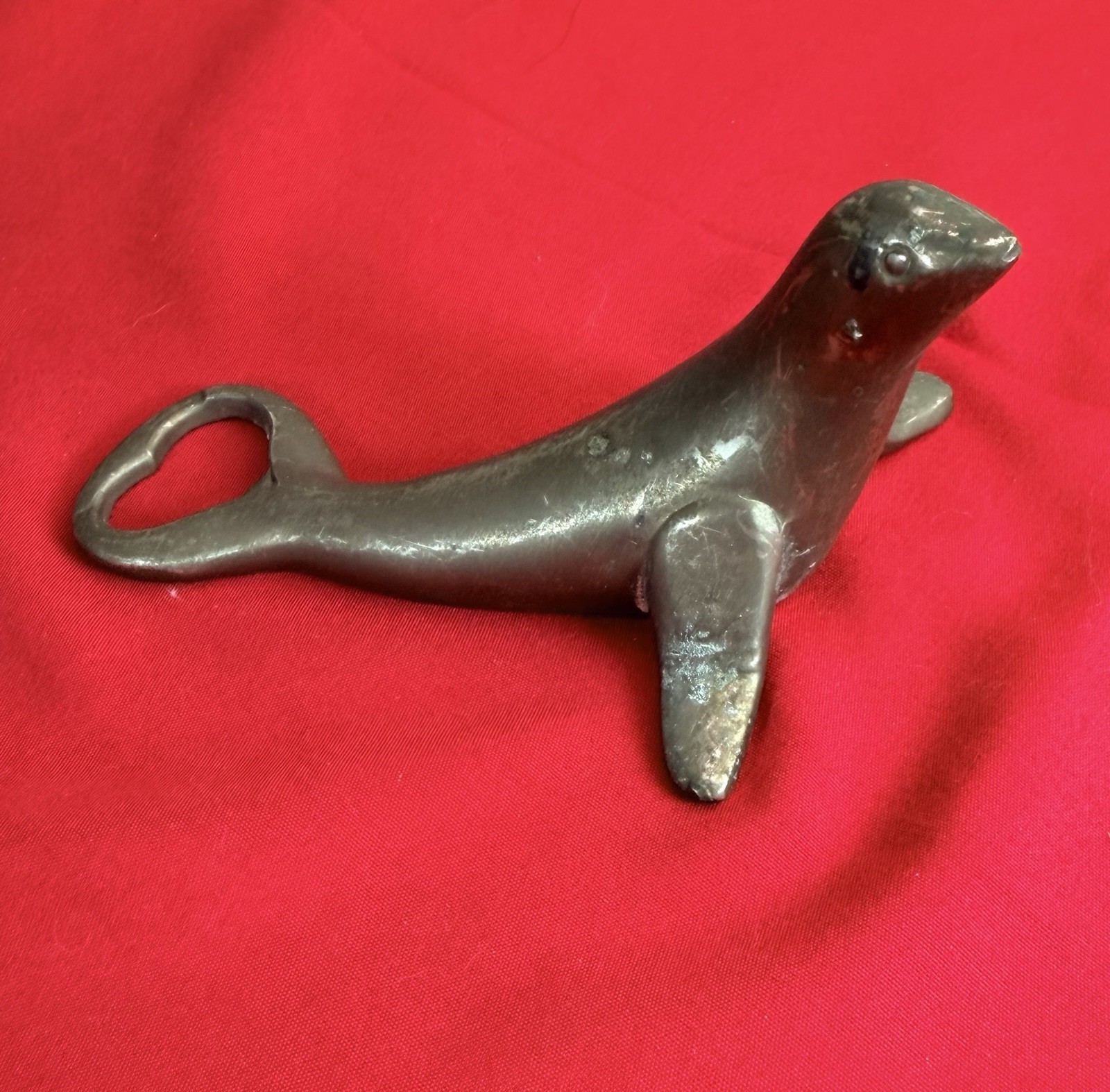 Vtg Hong Kong Metal Seal Sea Lion Bottle Opener Figurine 5” Barware MCM 1960s