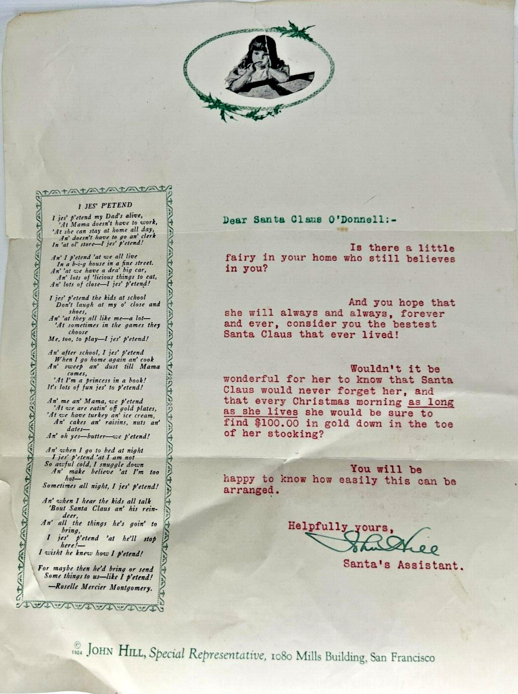  letter  Dear Santa investment John Hill 1080 Mills building SF 1924  Jes Petend