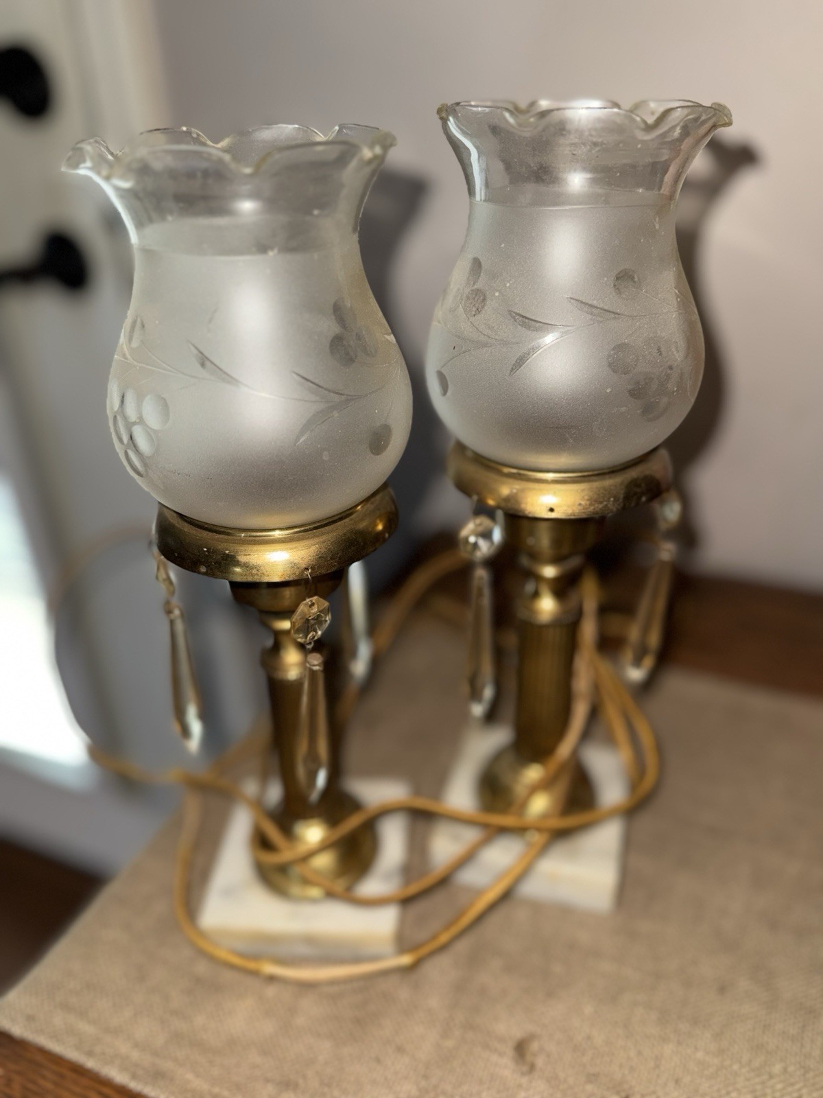 Vintage Brass & Marble Boudoir Dresser Lamps 2 Lamps One Cord