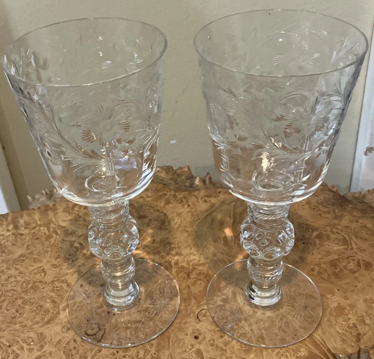 2 Water Goblets 1940’s Intricate Flower & Leaf Pattern Glass Crystal 7 1/2”