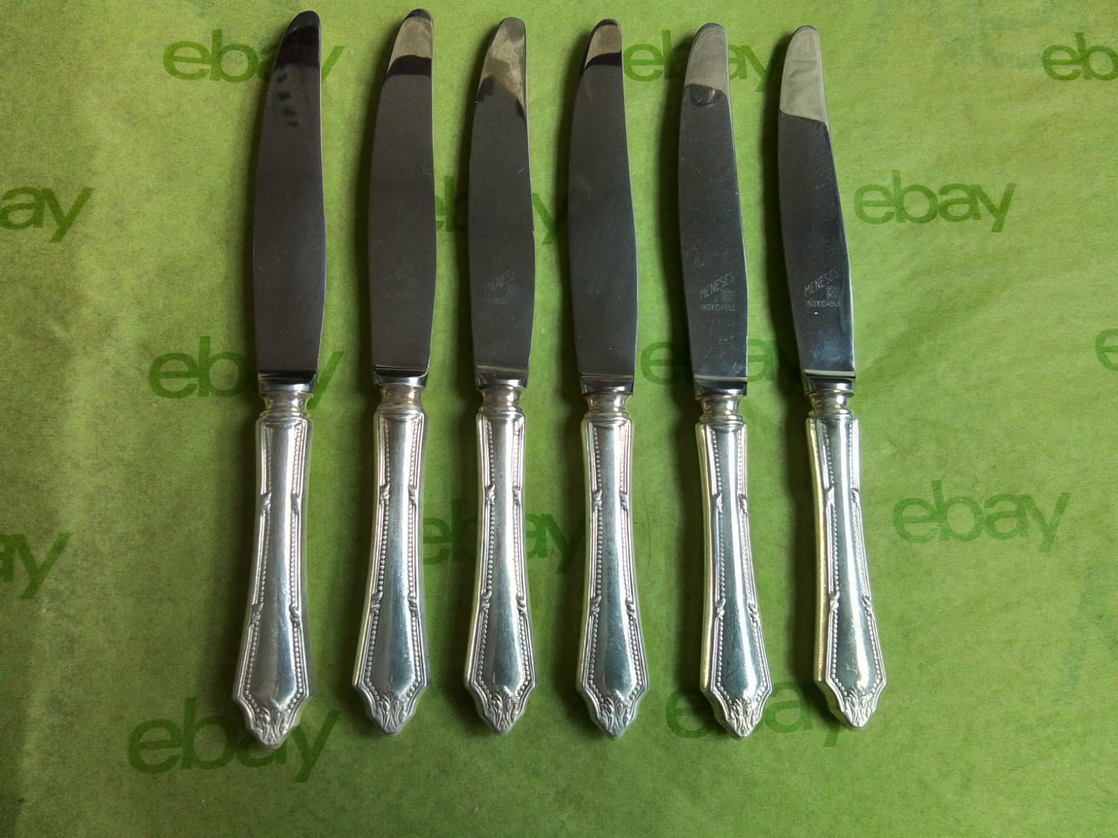 6 Vintage Meneses Inoxidable Silverplate Knives, Spain, 8 5/8\