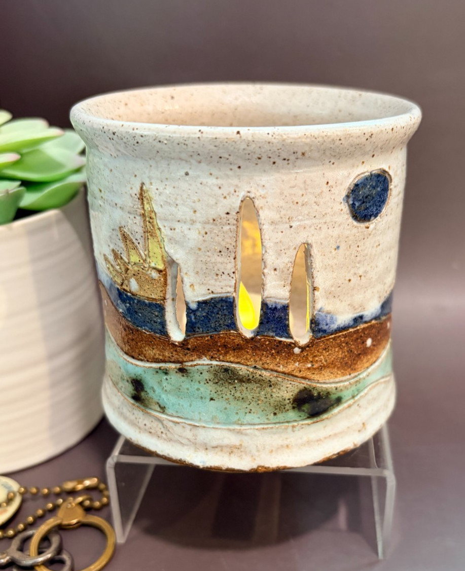 Handcrafted Speckled Stoneware Ceramic Vessel Abstract Cutout Layered Glazes Art Handcrafted Speckled Stoneware Ceramic Vessel Abstract Cutout Layered Glazes Art