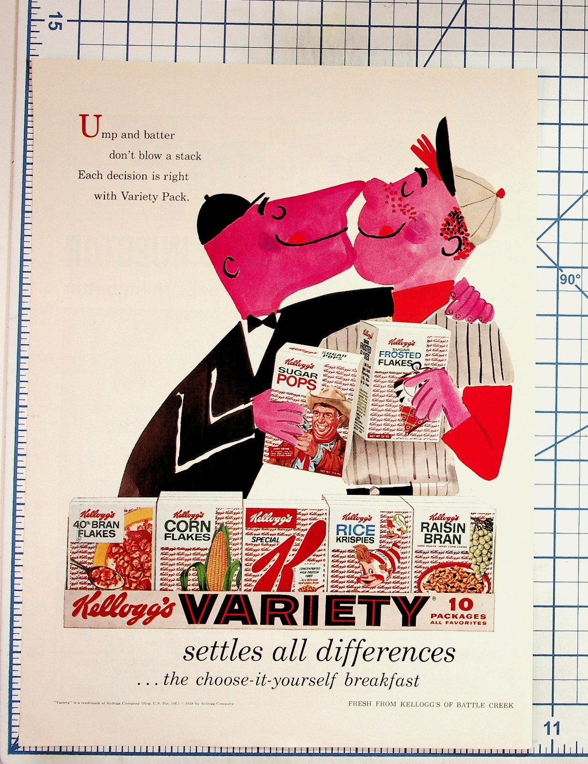 1958 Kellogg\'s Cereal Variety Pack Vintage Print Ad Ump Batter Baseball Ephemera