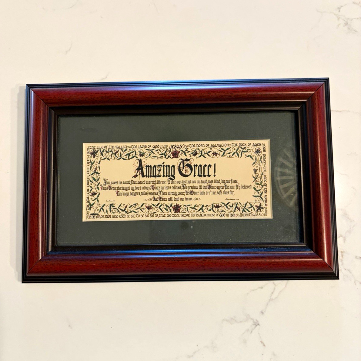 Vintage Amazing Grace Framed Calligraphy Art Print by Don Jonas, 10x7 in