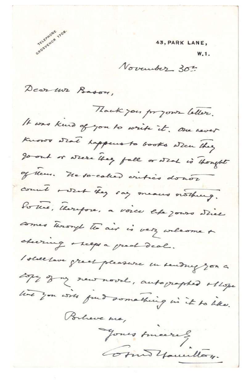 Cosmo Hamilton (1870-1942) Signed Letter Autographed Playwright, Writer Cosmo Hamilton (1870-1942) Signed Letter Autographed Playwright, Writer