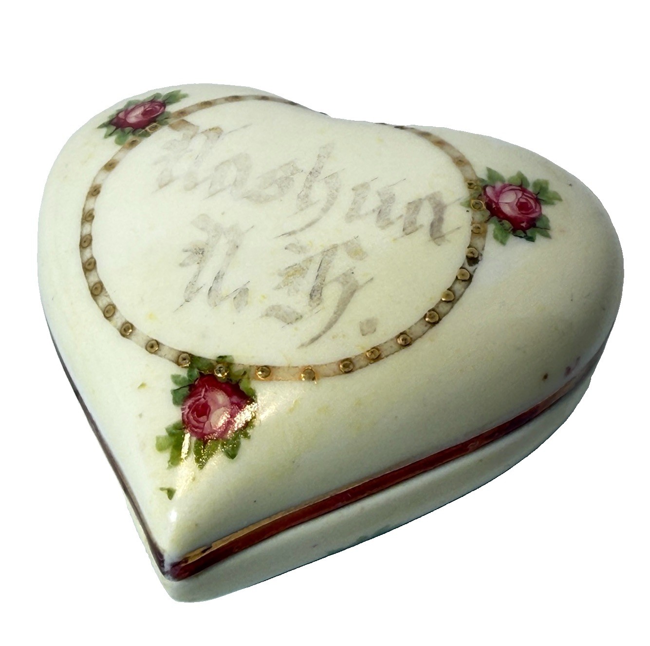 NASHUA NH NEW HAMPSHIRE ANTIQUE Souvenir Porcelain HEART TRINKET BOX