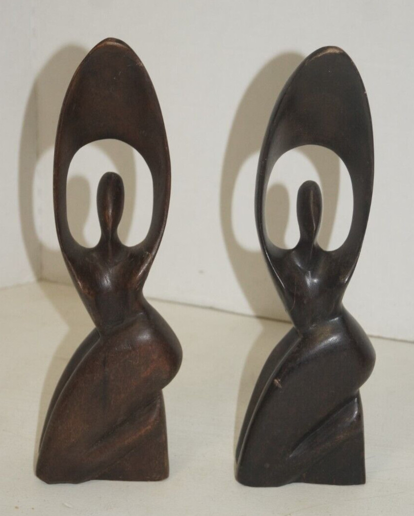 Set Of 2 Abstract Ebony Wood Sculpture 11.5” Tall Hand Crafted