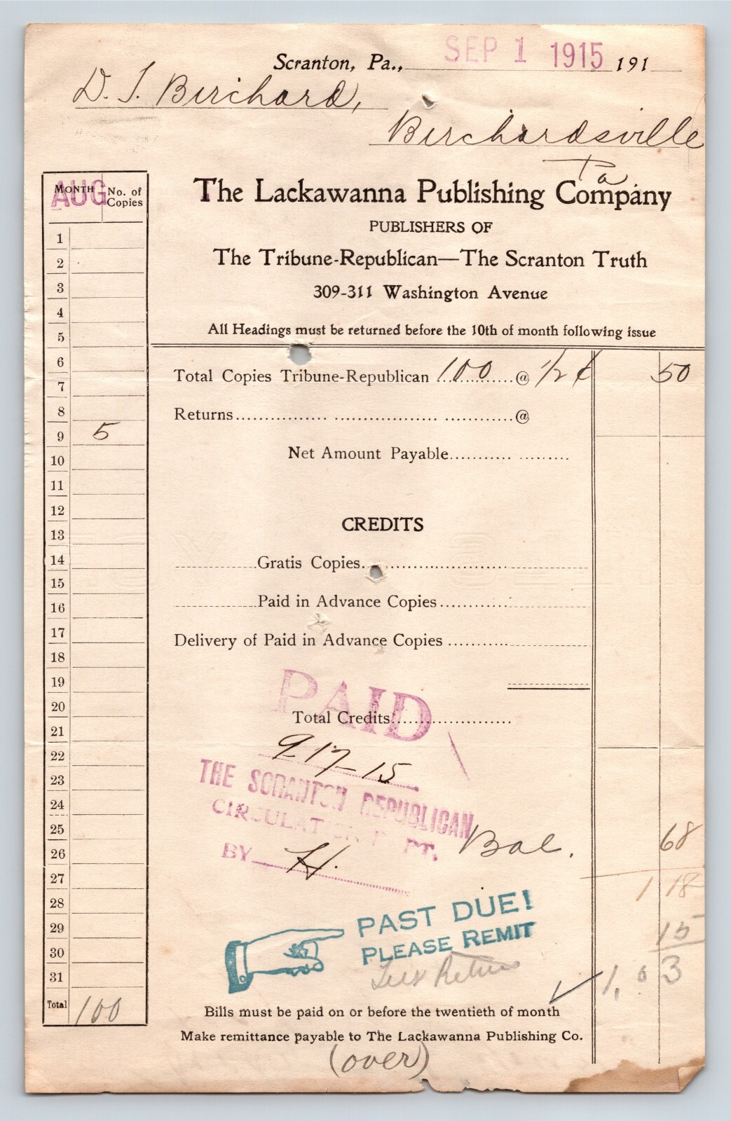1915 The Lackawanna Publishing Company Tribune Republican Scranton PA Invoice 1915 The Lackawanna Publishing Company Tribune Republican Scranton PA Invoice