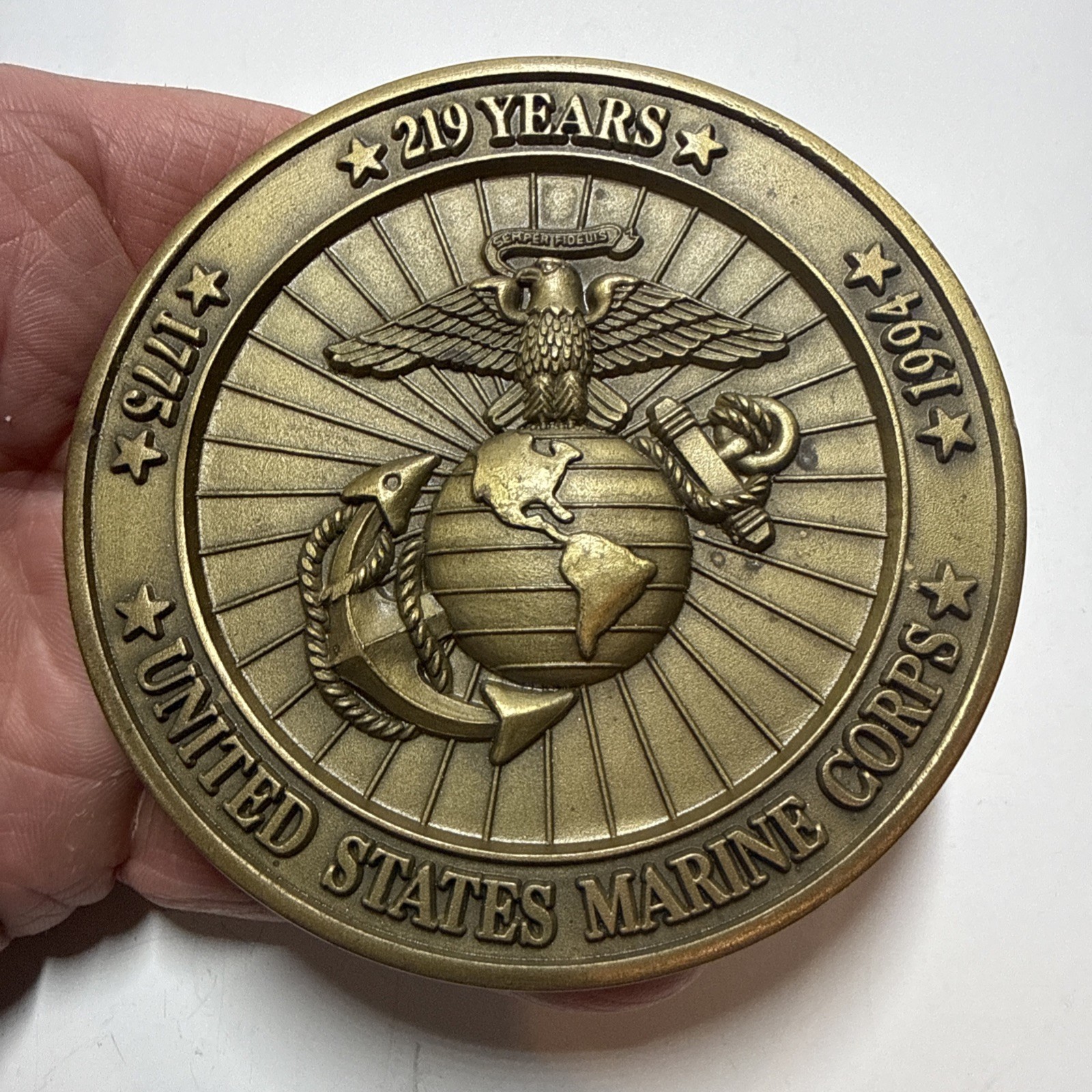 Large Heavy Brass USMC 219 Years Anniversary OKINAWA Paper Weight 