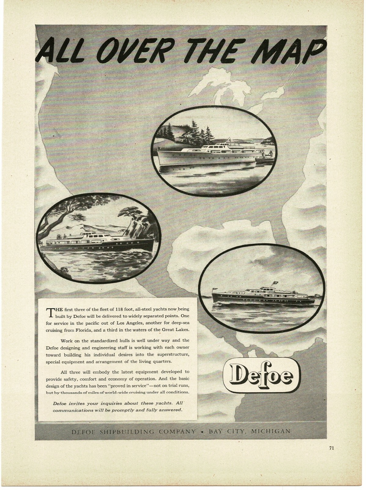 1946 DEFOE Shipbuilding Cruisemaster yacht art Bay City MI Vintage Print Ad 2