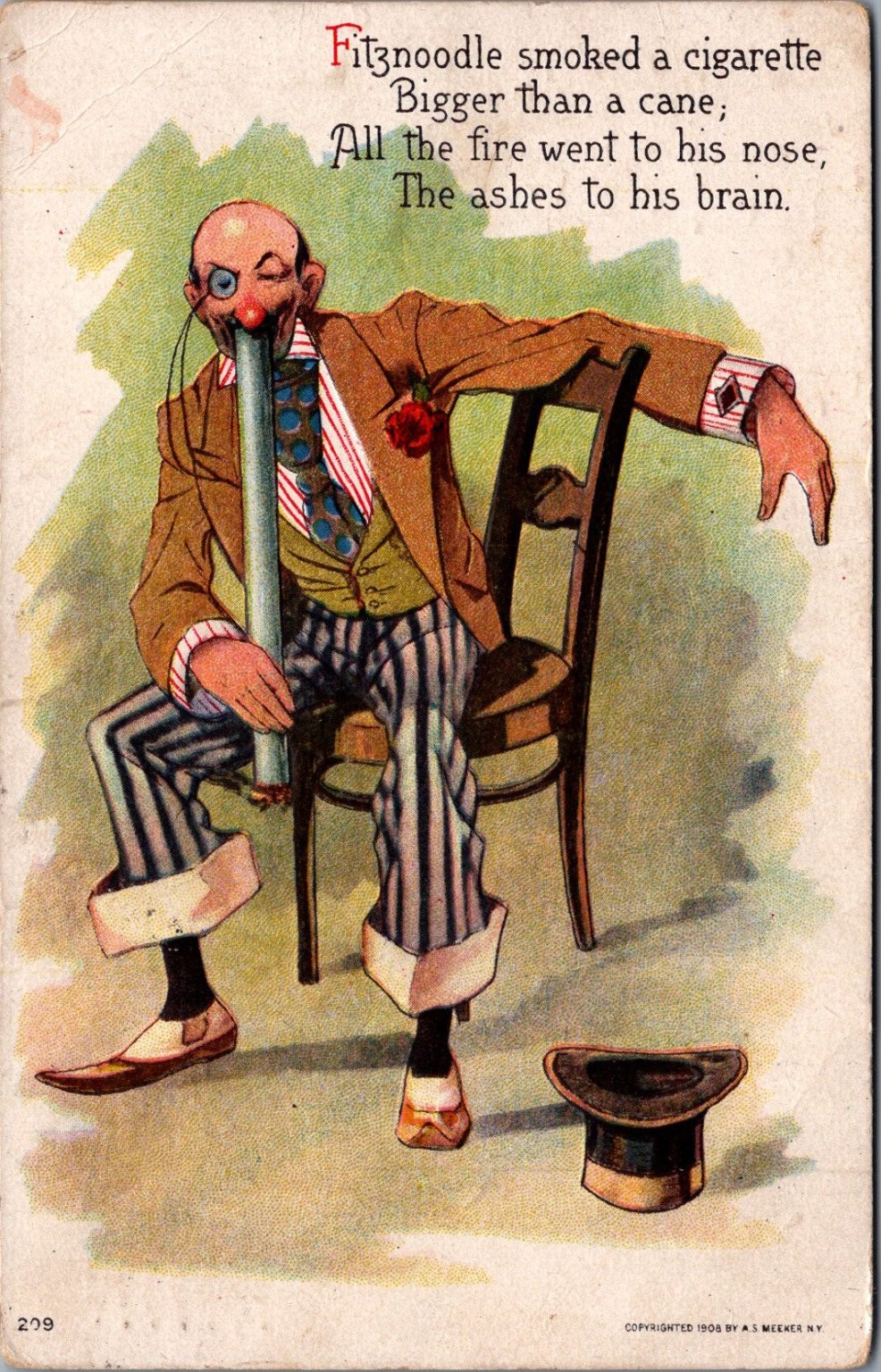 Fitznoodle Smoked Cigarette Comic Postcard 1909 A.S. Meeker Fort Wayne Fitznoodle Smoked Cigarette Comic Postcard 1909 A.S. Meeker Fort Wayne