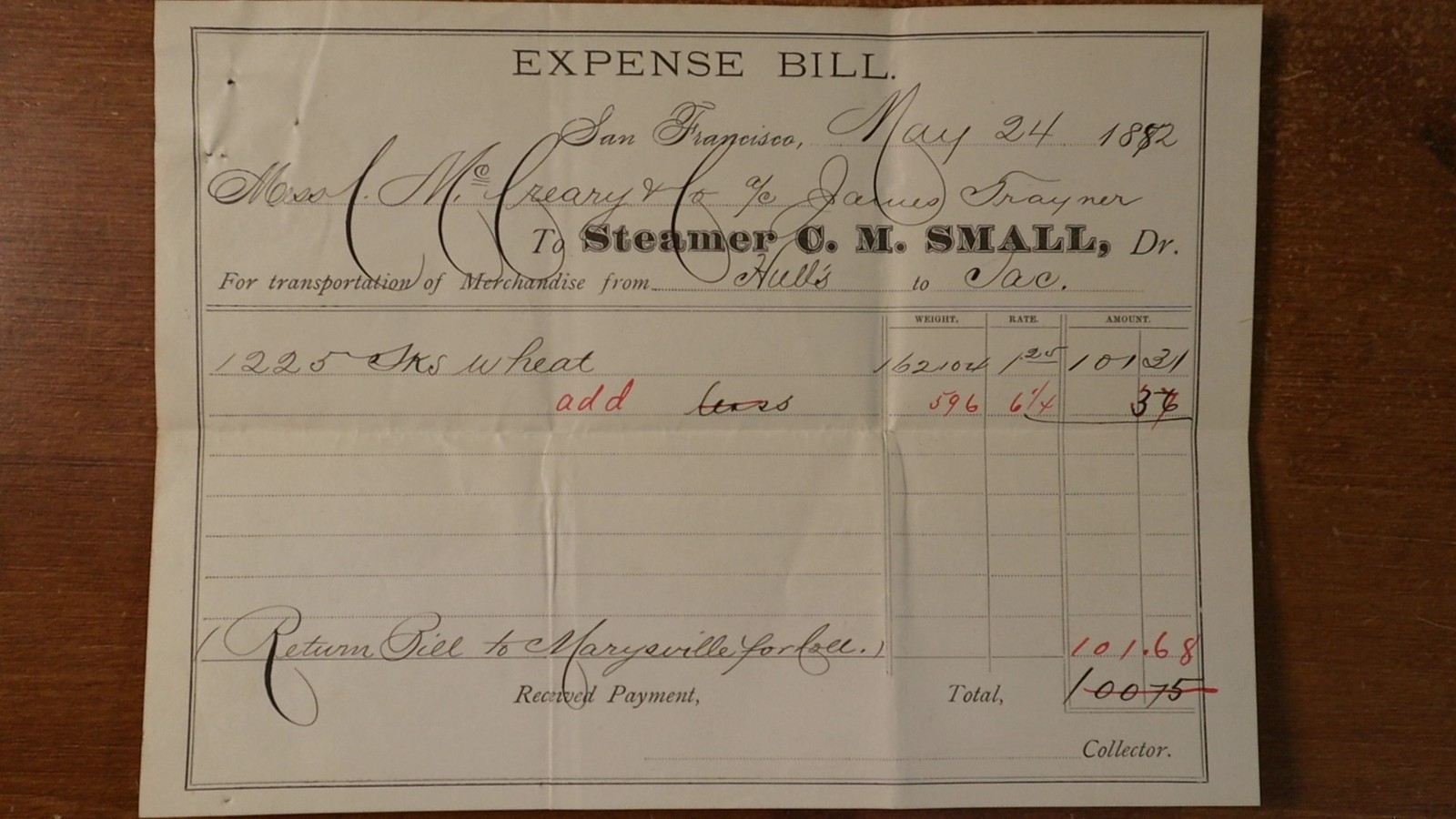 1882 San Francisco CA Hulls to Sacramento Steamer C Small W.T Ellis Expense Bill