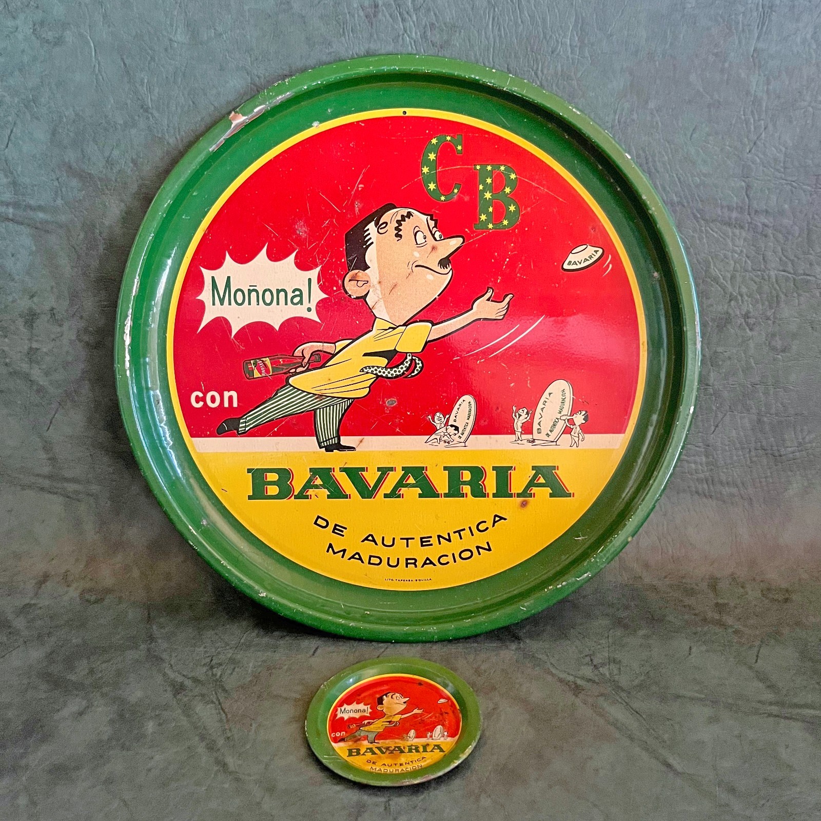 VINTAGE 1950'S BAVARIA BREWERY TIN SERVING TRAY & COASTER LITO TAPENSA COLOMBIA