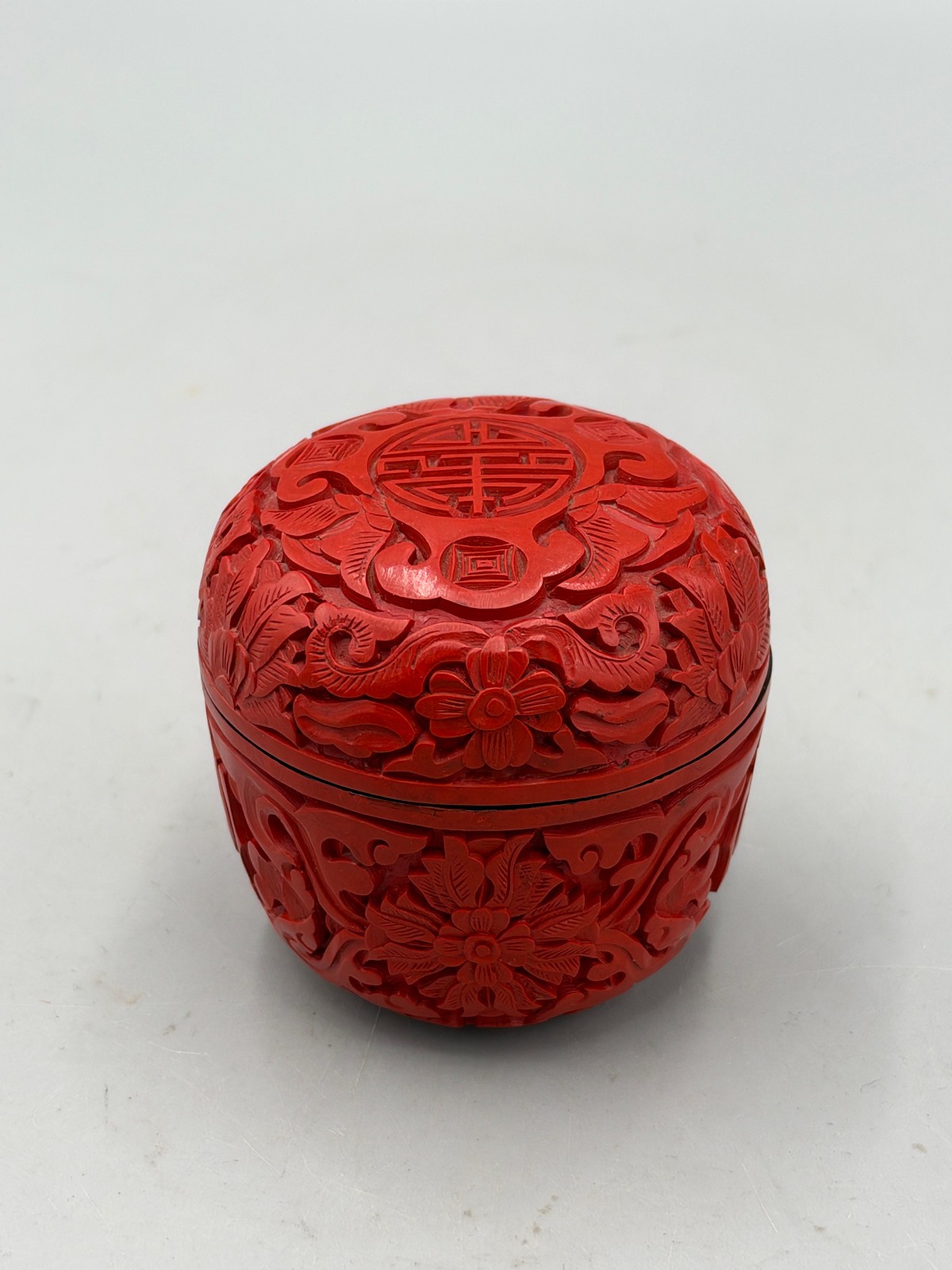 Vintage Chinese Cinnabar Lacquer Round Box, Shou Character Bat Floral Carved