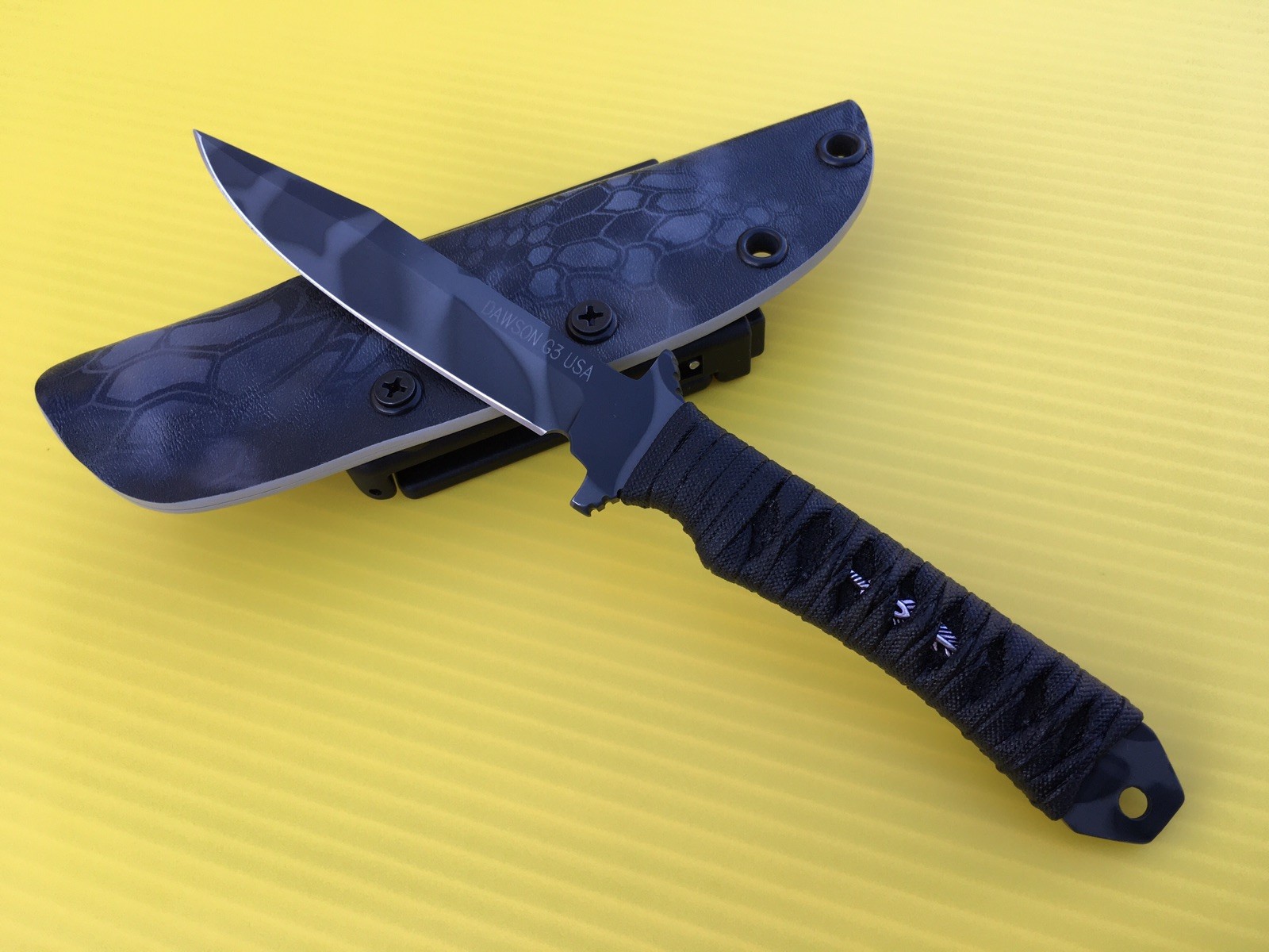 DAWSON G3 USA CUSTOM MADE KNIFE  CORD WRAPPED HANDLE WITH MENUKI  KRYPTEK SHEATH