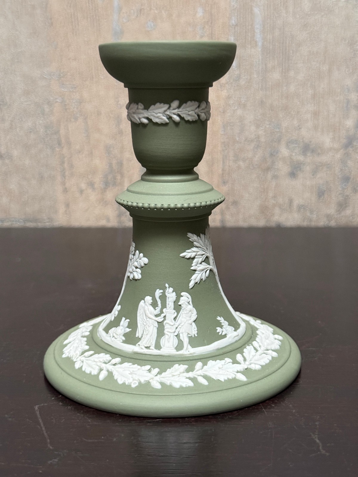 Vintage Wedgwood Style Jasperware Candlestick Green White Relief 5”