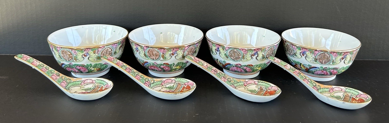 Famille Rose Medallion Rice Bowls & Spoons 8 Pieces Hand Painted ACF Hong Kong