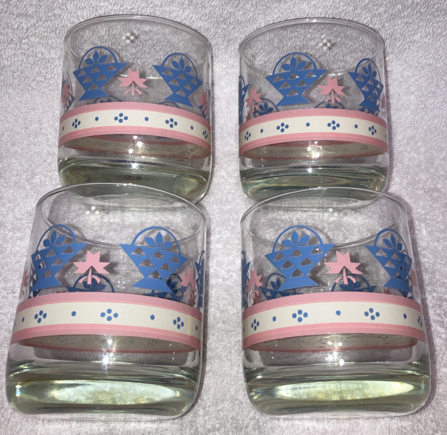 Libbey Vintage 80s Country Basket 8 oz Juice Tumblers Glasses Pink Blue Set Of 4